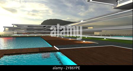 Design di un esclusivo hotel moderno in montagna. Piscina azzurra trasparente. Luci sull'erba vicino al ponte di legno. Rendering 3D. Foto Stock