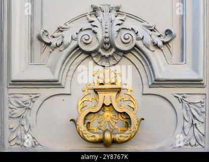 Un primo piano di uno splendido battitore vintage realizzato in metallo color oro ottone su una porta intagliata in legno grigio Foto Stock