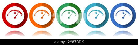 Indicatore di livello carburante, icone vettoriali sul cruscotto a benzina per auto, set di icone piatte per il design del logo, webdesign e applicazioni mobili, collezione di pulsanti Web colorati in eps Illustrazione Vettoriale