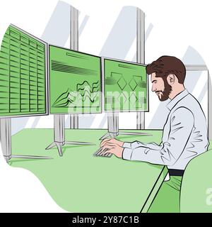 Un uomo sta studiando i rapporti per identificare e comprendere i problemi nel processo decisionale. Concetto di business. Illustrazione vettoriale. Illustrazione Vettoriale