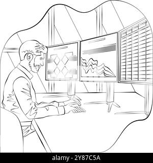 Un uomo sta studiando i rapporti per identificare e comprendere i problemi nel processo decisionale. Concetto di business. Schizzo. Illustrazione vettoriale. Illustrazione Vettoriale