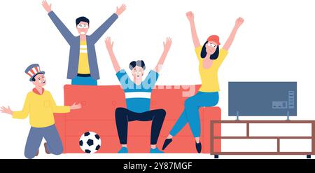 Felici appassionati di sport. Concetto di celebrazione degli obiettivi di calcio Illustrazione Vettoriale