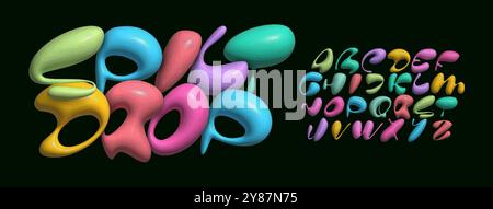 Alfabeto a goccioline 3D, lettere a palloncino colorate, lettere a bolla fluide e gioiose per il logo dei bambini, titolo di fluidità, testo liquido scritto a mano in stile bollicine Illustrazione Vettoriale