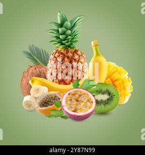 raccolta di frutta esotica su sfondo verde. Foto Stock
