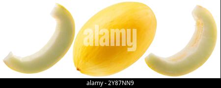 set del melone con sezioni isolate su sfondo bianco. Foto Stock