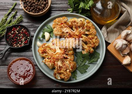 Deliziose bistecche di cavolfiore al forno con salsa e spezie su un tavolo di legno, piatto Foto Stock