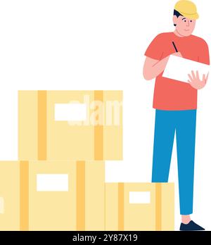 Addetto alle consegne o addetto al magazzino con pacchi e scatole di spedizione Illustrazione Vettoriale
