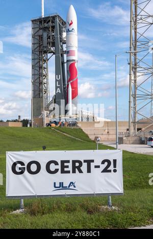 Cape Canaveral, Stati Uniti. 3 ottobre 2024. Il volo di prova Vulcan ULA United Launch Alliance Cert-2 è pronto per il 4 ottobre, dalle 6:00 alle 9:00, tentativo di lancio su SLC-41 Cape Canavera, contea di Brevard, Florida, USA. (Foto di Scott Schilke/SipaUSA) credito: SIPA USA/Alamy Live News Foto Stock