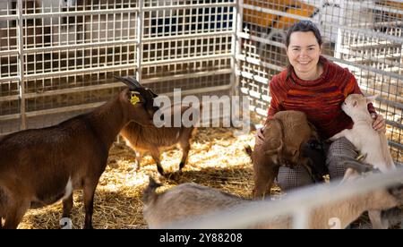 Donna allegra che gioca con i goatlings nella stalla dello zoo di animali domestici Foto Stock