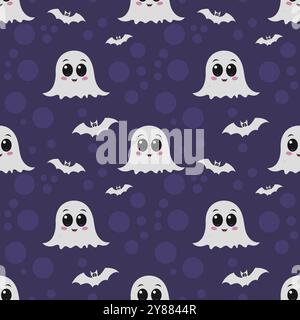 Motivo senza cuciture con fantasmi e pipistrelli: Design vettoriale di halloween Illustrazione Vettoriale