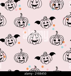 Zucche di Halloween motivo semplice rosa pallido e nero senza cuciture con punti a coriandoli. Simpatiche zucche in ottobre, sfondo per le feste autunnali per la carta da parati e l'avvolgimento Illustrazione Vettoriale