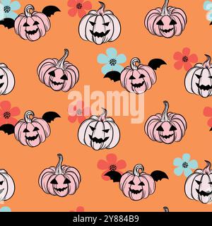 Zucca, fiori e ragnatela di Halloween senza cuciture texture. Moderno sfondo rosa, arancione e nero. Colori con stampa floreale natalizia Illustrazione Vettoriale