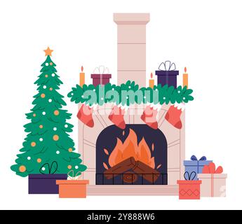 Caminetto di Natale con un albero e regali. Illustrazione vettoriale di interni accoglienti con albero di Natale decorato con giocattoli e ghirlande, scatole regalo Illustrazione Vettoriale