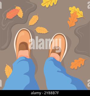 Un'avventura autunnale con selfie alle gambe. Vista dei cartoni animati della natura di stagione isolata su sfondo bianco Illustrazione Vettoriale