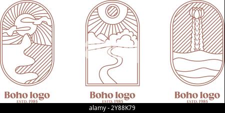 Logo boho naturale. Montagna notturna con sentiero, cactus nella sabbia, icona estetica del paesaggio al tramonto. Illustrazione vettoriale stock isolata su backgroun bianco Illustrazione Vettoriale
