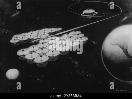 Cavalcare su Una Sunbeam -- Una nave spaziale alimentata dal sole sarà necessaria per il viaggio interplanetario del futuro, crede un ex scienziato tedesco dei razzi. Il dottor Ernst Stuhlinger, ora capo della sezione missilistica dell'arsenale di ricerca Redstone in Alabama, teorizza che il combustibile chimico non possa essere usato nei viaggi verso i confini dello spazio a causa del suo grande peso. Immagina una nave spaziale alimentata a energia solare, con riflettori (dischi bianchi) che trasmettono i raggi del sole sulle caldaie a vapore (palle nere). La potenza del propellente sarebbe costituita da un flusso ionico o da un getto elettrico con lo stesso tipo di spinta di t Foto Stock