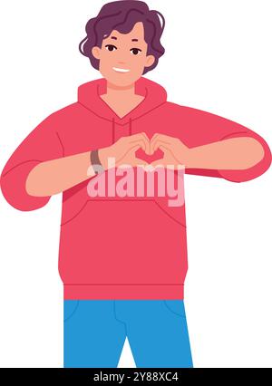 Un ragazzo mostra un gesto d'amore. Il segno delle dita del cuore è isolato su sfondo bianco Illustrazione Vettoriale