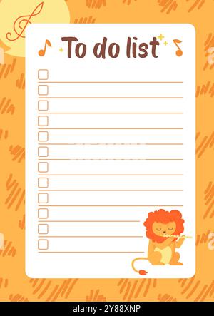 Modello di elenco delle attività da fare per i bambini con una texture arancione con stampa di leone su animale. Illustrazione vettoriale in stile cartone animato piatto. Illustrazione Vettoriale