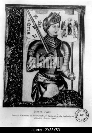 Jeanne D'Arc. Da un pacco in miniatura (XV secolo) nella Collezione di Monsieur Georges Spets. Come i francesi del XV secolo videro la loro eroina, Giovanna d'Arco. Una miniatura su pergamena realizzata nel XV secolo di Giovanna d'Arco. Sopra la sua testa ci sono gli angeli le cui voci ha sentito. 12 aprile 1950. Foto Stock