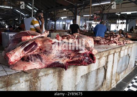 Mercato, sala delle carni, Port Louis, Oceano Indiano, isola, Mauritius, Africa Foto Stock