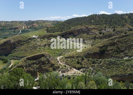 Verdi colline e montagne sotto un cielo soleggiato con sentieri tortuosi, paesaggi all'Embalse de Francisco Abellan, bacino idrico, fiume Fardes, la Peza, Grana Foto Stock