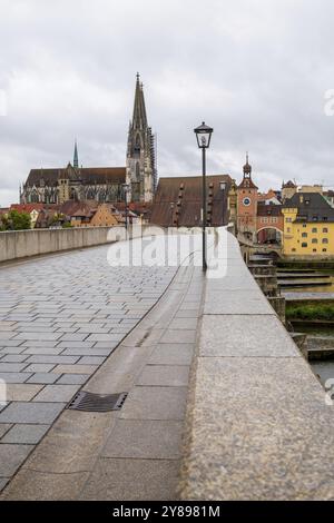 Vista panoramica sul Ponte di pietra fino alla Cattedrale di Ratisbona in Germania Foto Stock