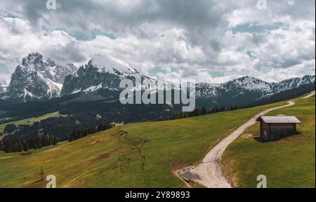 Vista panoramica dall'Alpe di Siusi alle Dolomiti in Italia, colpo di droni Foto Stock