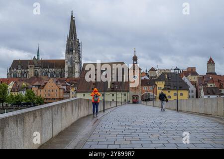 Vista panoramica sul Ponte di pietra fino alla Cattedrale di Ratisbona in Germania Foto Stock