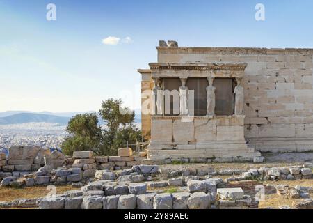 Le Cariatidi di Eretteo (421 a.C.) sull'Acropoli ateniese, Grecia, Europa Foto Stock