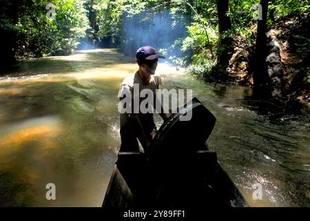 Un automobilista che spinge la barca a muoversi in acque poco profonde nel fiume, attraverso la foresta abituale di Dayak IBAN nel Kalimantan Occidentale, Indonesia. Foto Stock
