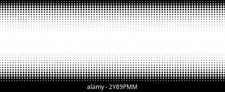 Texture sfumatura mezzitoni tratteggiata. Sbiadimento dello sfondo a pois. Schema di gradazione a punti ripetuti. Sfondo pop art comico in bianco e nero. Sfondo effetto raster mezzitoni orizzontale. Vettore Illustrazione Vettoriale