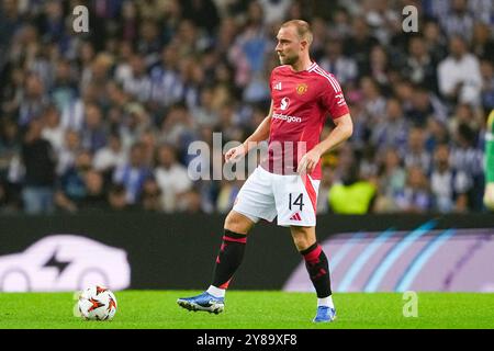 Porto, Portogallo. 3 ottobre 2024. Estádio do Dragão PORTO, PORTOGALLO - 3 OTTOBRE: Christian Eriksen di Manchester Utd. Durante la partita di UEFA Europa League 2024/25 League Phase Matchday 2 tra FC Porto e Manchester United al Estádio do Dragão il 3 ottobre 2024 a Porto, Portogallo. (Foto di Pedro Loureiro/SPP) (Pedro Loureiro/SPP) credito: SPP Sport Press Photo. /Alamy Live News Foto Stock