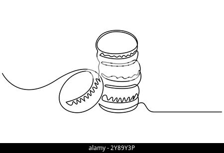 Macaron cookie one continuous line design. Restaurant food menu design concept. Decorative elements drawn on a white background, Macaroons cookies Illustrazione Vettoriale
