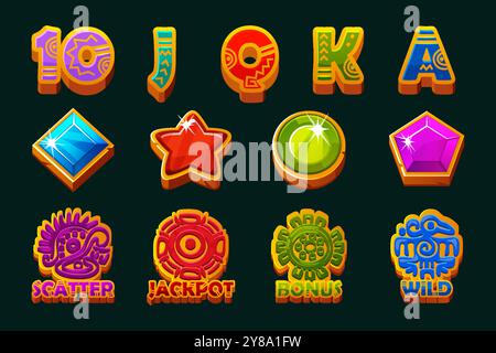 Set di 12 simboli slot tema Maya o Azteco. Elemento UI per il gioco d'azzardo. Icone di stile per giochi 2D e casinò o slot. Elementi grafici per Illustrazione Vettoriale