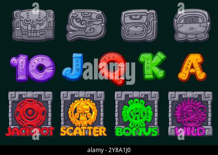 Set di 12 simboli slot tema Maya o Azteco. Elemento UI per il gioco d'azzardo. Icone di pietra per giochi 2D e casinò o slot machine. Elementi grafici per Illustrazione Vettoriale