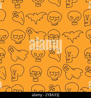 Disegna a mano per le feste di Halloween sfondo senza cuciture. Vettore di stile Pumpkin, Ghost, Bat, Skull Sketch Illustrazione Vettoriale