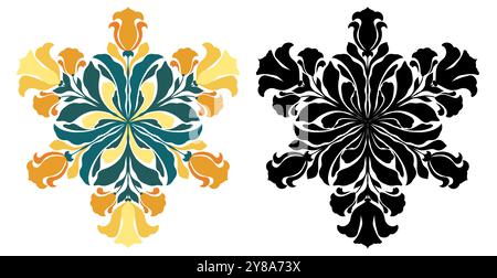 Set vettoriale di mandalas decorative art nouveau con Iris e freesie. Crea clip art con fiori colorati e monocromatici in fiore Illustrazione Vettoriale