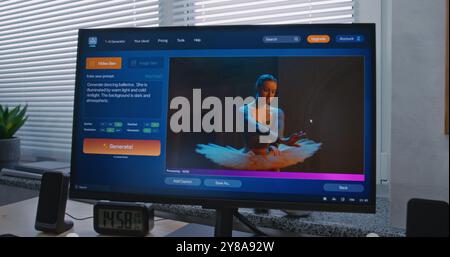 Una donna adulta entra nel chatbot di intelligenza artificiale sul personal computer. Il generatore di immagini IA genera un ritratto dettagliato di alta qualità della ballerina. Creazione avanzata di foto generate dall'IA. Foto Stock