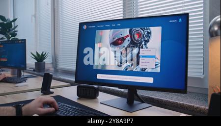 Uomo adulto con cuffie di tipo prompt in chatbot di intelligenza artificiale su PC. Il generatore di immagini AI crea un ritratto di alta qualità del robot fantascientifico. Una collega donna lavora al computer in background. Foto Stock