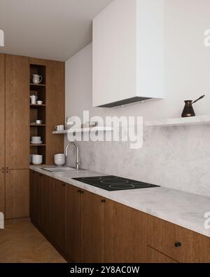 Cucina dal design moderno con eleganti marmi e splendidi elementi in legno per un fascino estetico Foto Stock