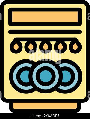 Lavastoviglie con l'icona di avanzamento del ciclo di lavaggio in formato vettoriale, a colori, contorno e piatto Illustrazione Vettoriale