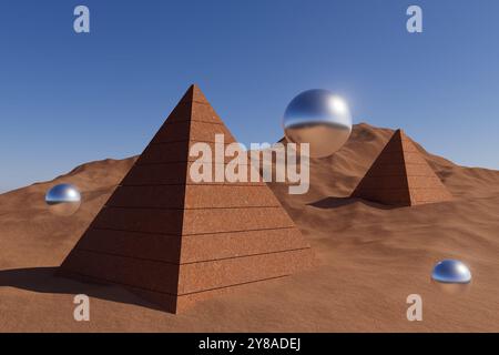 Illustrazione di rendering 3d tre piramidi sono mostrate in un paesaggio desertico con un cielo blu chiaro Foto Stock