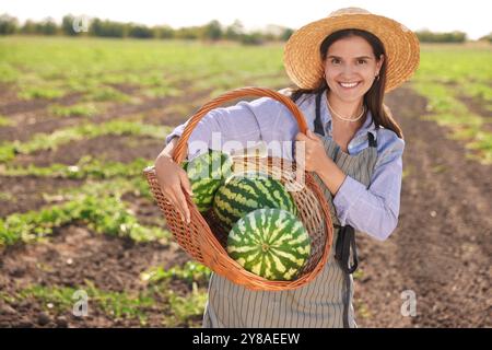 Donna che tiene in mano un cesto di vimini con anguria matura sul campo Foto Stock