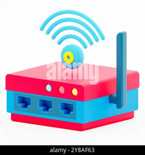 Icona 3d del dispositivo router sulla rete informatica rappresentata dal router e dal segnale wireless Foto Stock
