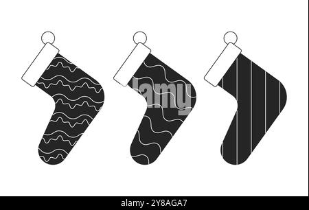 Calze natalizie appese al set di oggetti 2D in bianco e nero Illustrazione Vettoriale