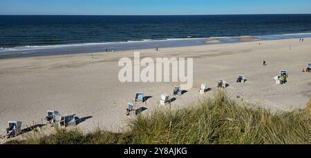 das Rote Kliff in Kampen auf Sylt bei Traumwetter 03.10.24: DAS Rote Kliff gehört zu den imposantesten Wahrzeichen der Insel Sylt und Norddeutschland. Blick vom Roten Kliff zum Strand und zur Nordsee. Bohlenwege. Strandkörbe. Meer und Sandstrand Kampen / Sylt Rotes Kliff Schleswig Holstein Deutschland *** la scogliera rossa a Kampen su Sylt con un clima fantastico 03 10 24 la scogliera rossa è uno dei punti di riferimento più impressionanti dell'isola di Sylt e della Germania settentrionale Vista dalla scogliera rossa alla spiaggia e alle passeggiate sul Mare del Nord sedie a sdraio Mare e spiaggia sabbiosa Kampen Sylt Red Cliff Schleswig Hol Foto Stock