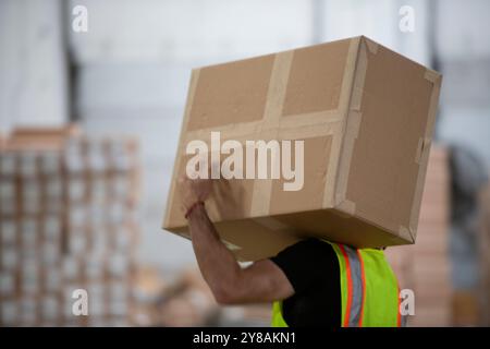 Giubbotto di sicurezza maschio che trasporta una grande scatola sulla spalla Foto Stock