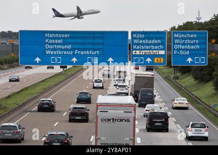 Aereo dall'aeroporto situato direttamente accanto all'autostrada sopra il traffico sulla A5, Germania, Assia, Francoforte sul meno Foto Stock