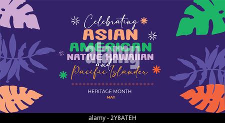 Mese della tradizione asiatica americana, hawaiana e delle isole del pacifico. Asian Pacific American Heritage Month su sfondo blu, design per banner vettoriali Illustrazione Vettoriale