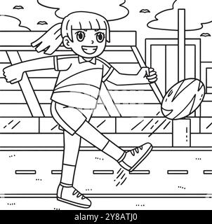 Giocatrice femminile di rugby che prende a calci la pagina dei colori della palla Illustrazione Vettoriale